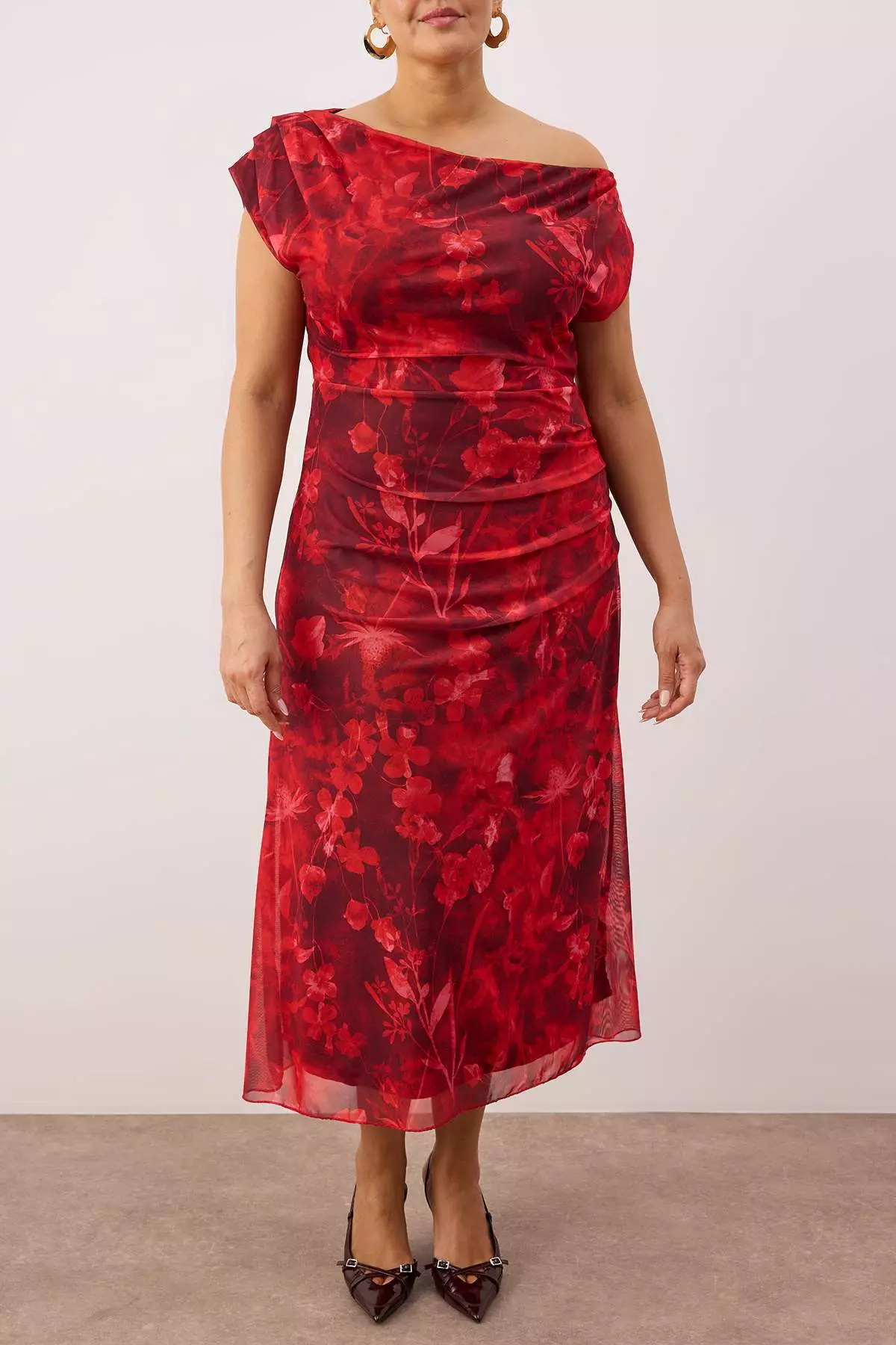 Red-Multicolor Midi Bodycon Tulle Knitted Plus Size Dress Tbbss25Ah00249
