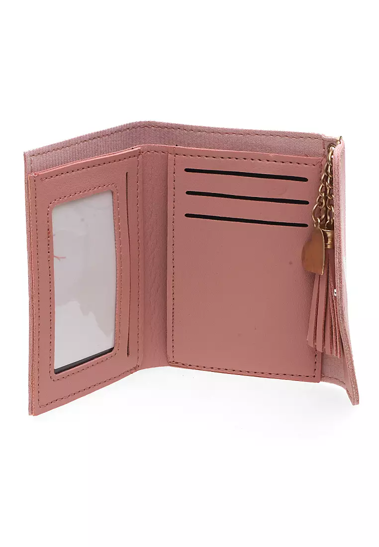 Dompet Wanita Aksen Rumbai Motif Solid Design Pastel Detail Kancing Snap - Pink Muda