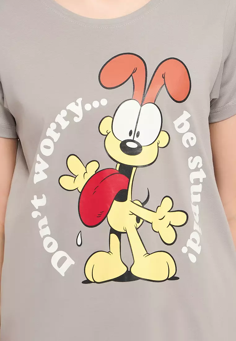 Clovia Garfield Print T-shirt in Light Grey - 100% Cotton