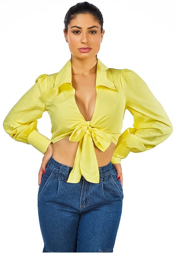 London Rag yellow Collared Puff Tie-up Crop Top in Yellow D6753AA04980C2GS_1
