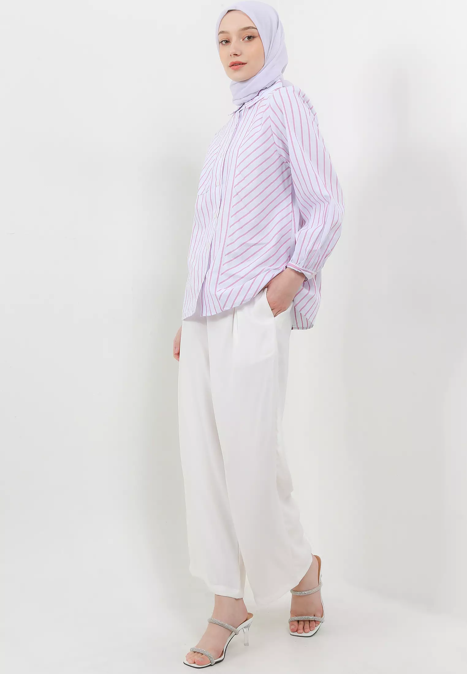 MFMW Feroza Atasan Kemeja Pink Motif Salur