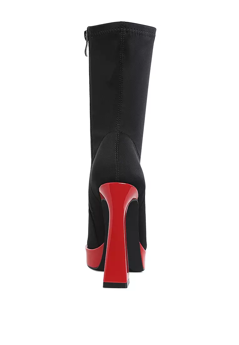 Sepatu Bot Kaus Kaki Detail Platform Kontras dalam Warna Hitam/Merah