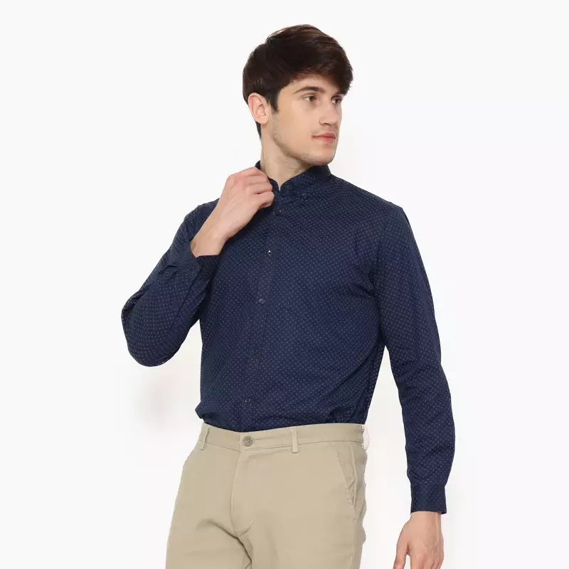 Lawell Kemeja Pria Lengan Panjang Polos Warna Navy – Franco