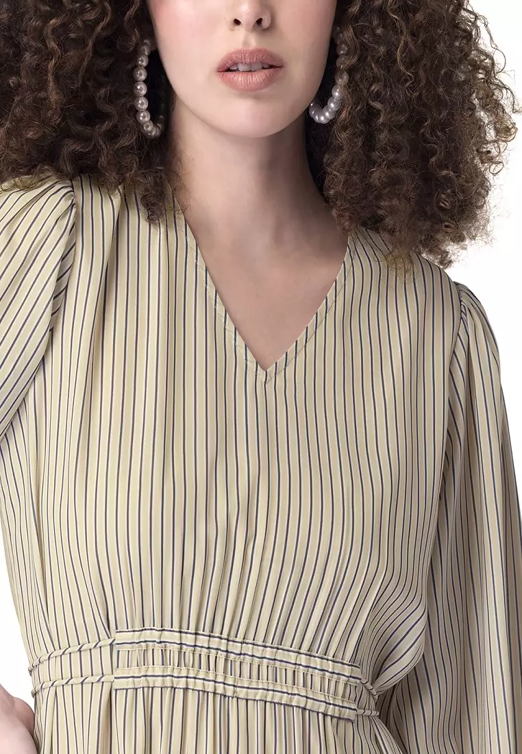 Beige Striped Ruched Self Tie Dress