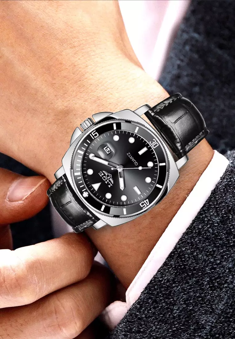 Unisex Classic Diver's Stainless Steel Quartz Watch with turning Bezel, Leather Strap