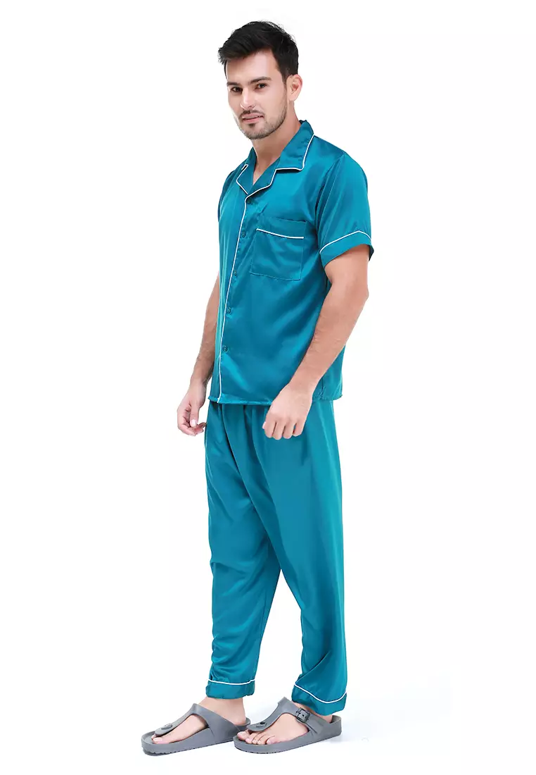 Klicin Setelan Baju Tidur Pendek Piyama Pria Plain One Set Sleepwear Pajamas Material Satin ORIGINAL