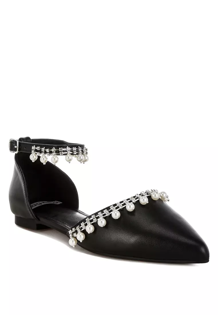 黑色水鑽&珍珠踝帶平底涼鞋