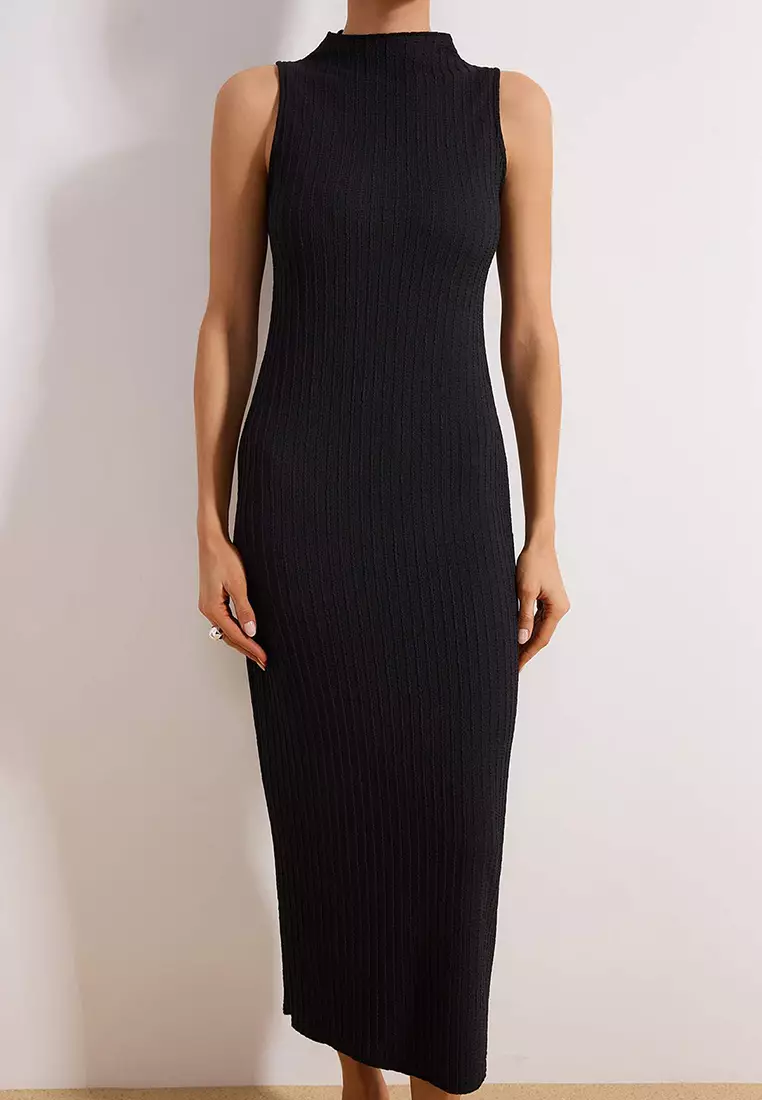 Black Textured Fabric Mock Neck Bodycon Stretchy Maxi Knitted Dress Twoss25El163