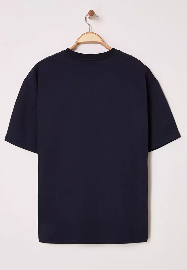 Navy Blue Oversize/Wide Cut Ethnic Embroidered T-Shirt TMNSS25TS00167