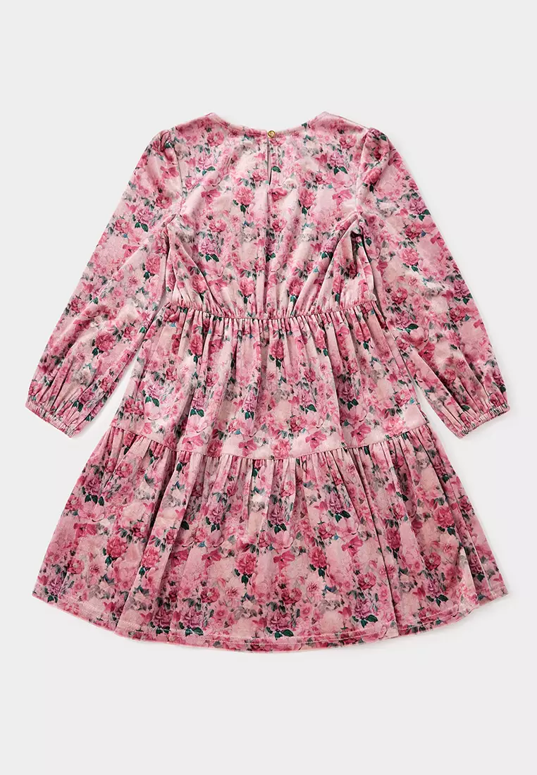 Violet Floral Printed Velvet Tiered Dress