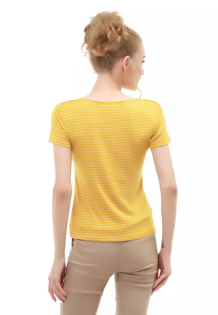 Genevie Blouse Kasual Wanita Lengan Pendek Model Salur Variasi Kerut Tengah Material Cotton ORIGINAL - Yellow