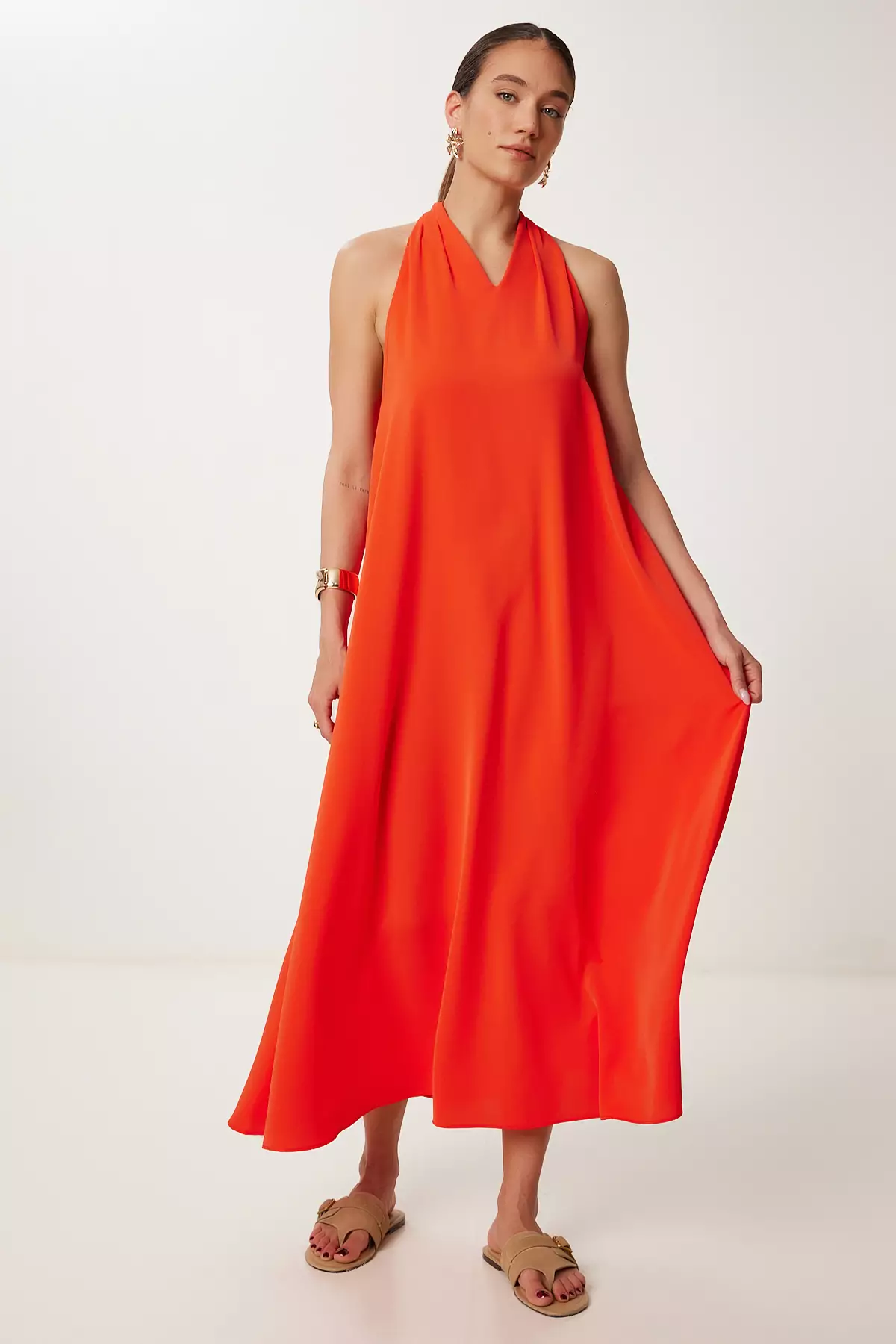 Women Orange Halter Neck Draped Long Stylish Dress Gk00014