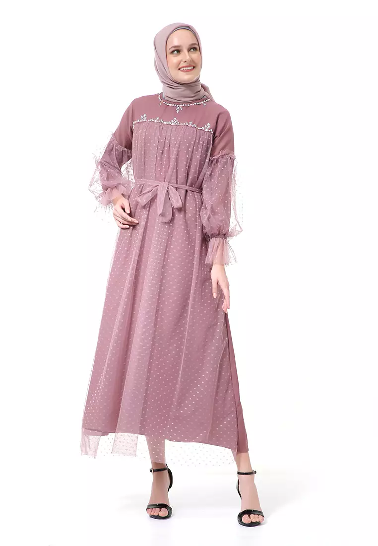Varsha Dress Wanita Long Sleeve Motif Polos Polkadot High Quality - Opera Mauve