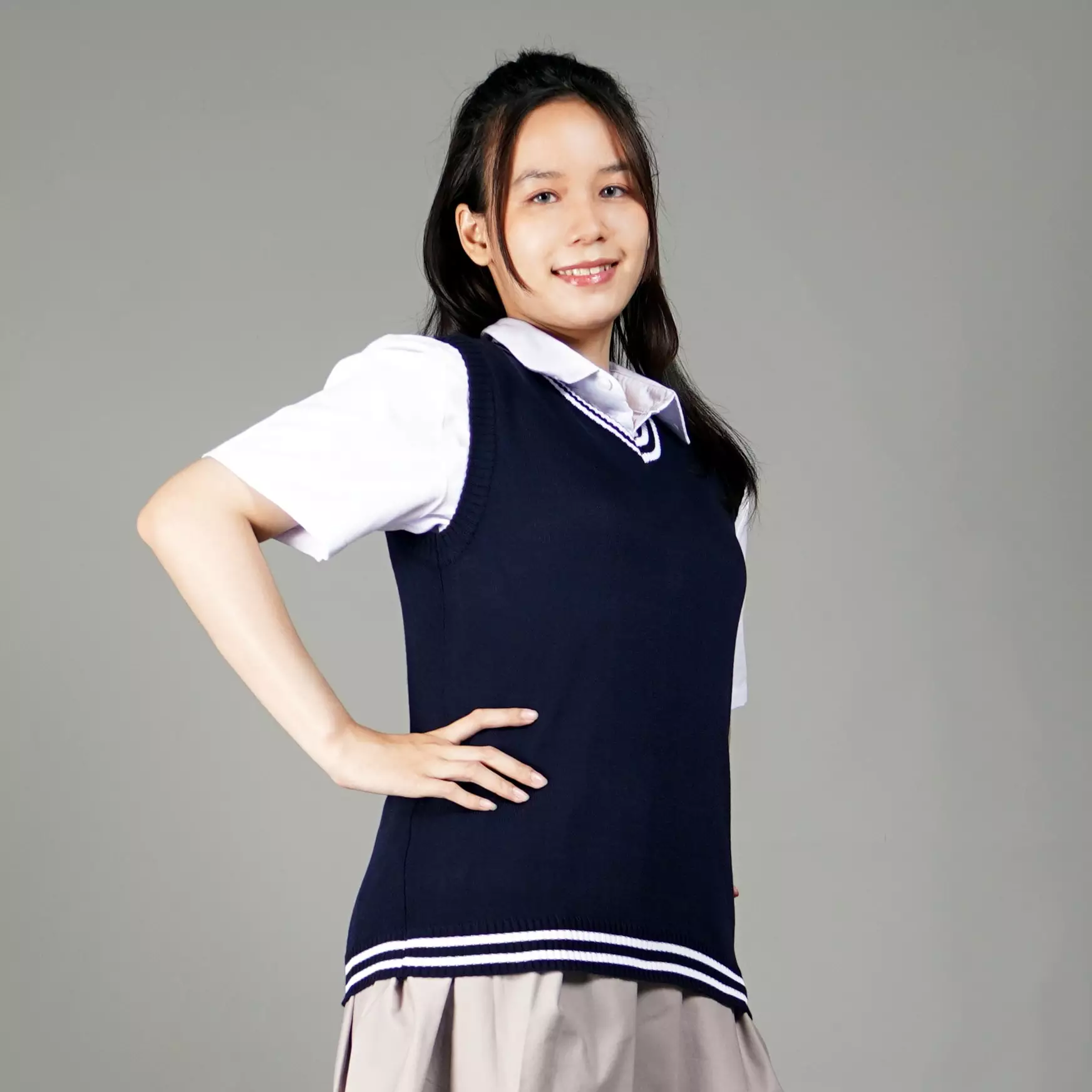 VICKY Rompi Rajut List Putih Rompi Navy Rompi Wanita Knit Vest - NAVY