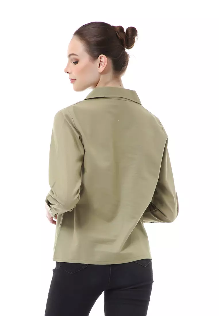 Brielle Atasan Wanita Kemeja Pocket Plain Motive Lengan Panjang Material Linen ORIGINAL - Sage Green