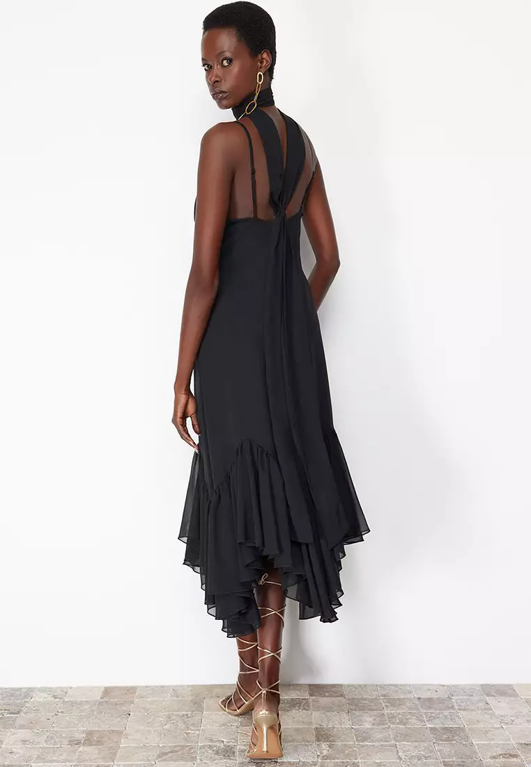 V-Neck Ruffle Midi Dress With Scarf Set