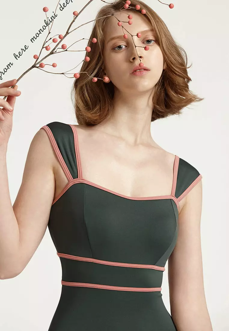 Contrast color slim fit belly-covering triangle swimsuit