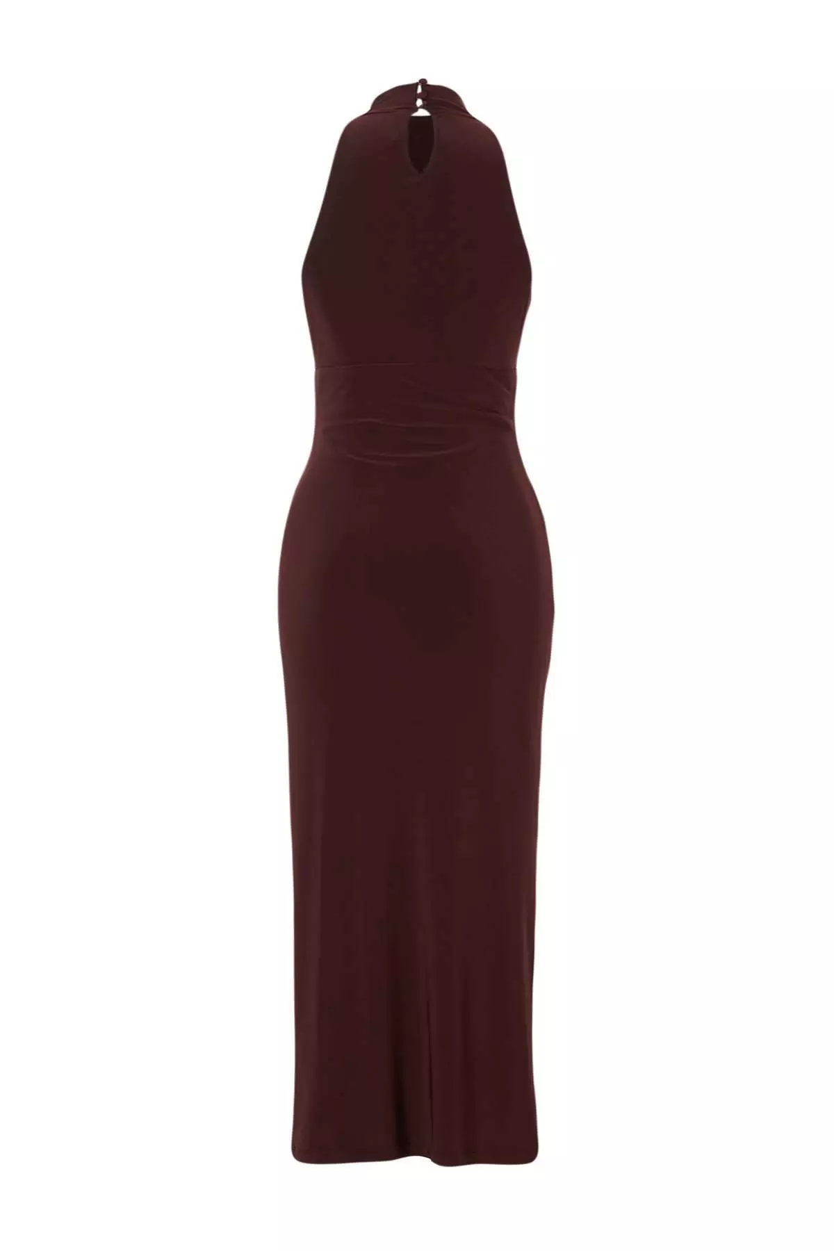 Brown Bodycon Halter Neck Sleeveless Accessory Detailed Midi Stretchy Knitted Dress Twoss26El00267