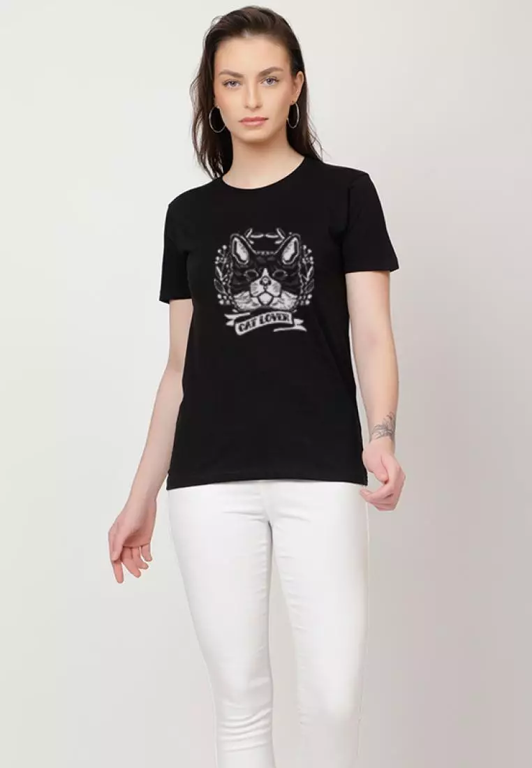 Cat Lover Relaxed Short Sleeve Stylish Black Cotton Casual Graphic Print Tee/TShirt