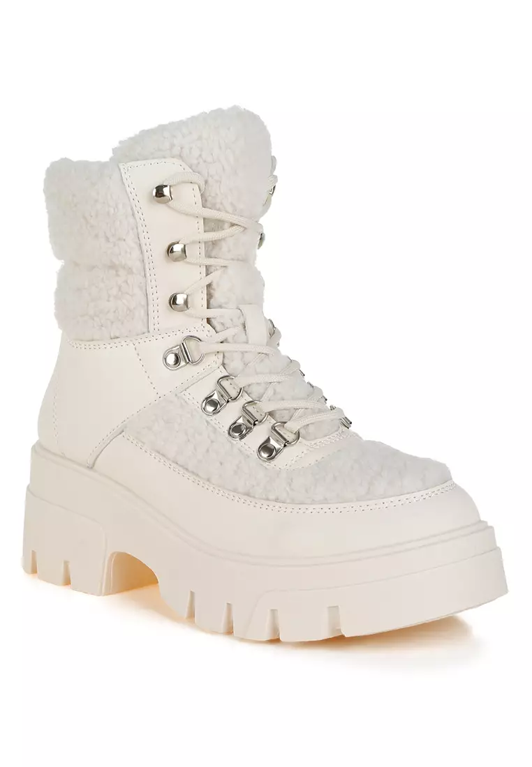 Faux Fur Detail Chunky Hiker Boots in Beige