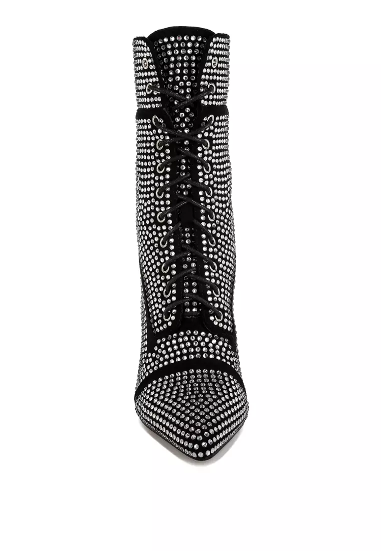 Rhinestones Embellished Calf Boots in Black