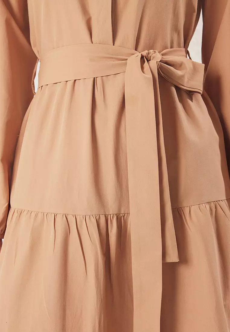 Beige Belted Judge Collar with Button Detail Woven Dress TCTSS21EL3343