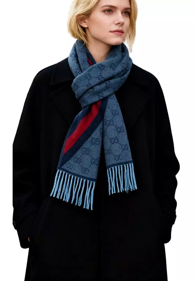 GG Logo Wool Scarf in Blue 570603 3G200
