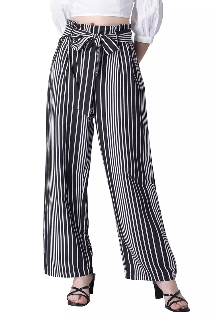 Buy FabAlley Black Striped Paper Bag High Waist Trousers 2024