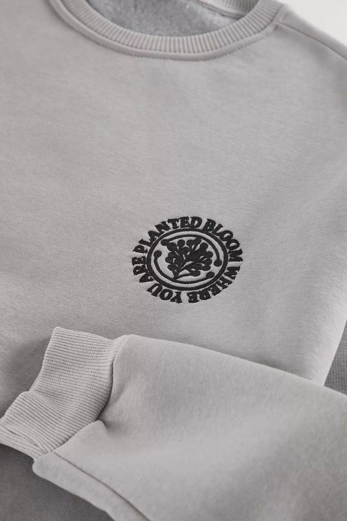 Grey Oversize/Wide Cut Floral Embroidered Fleece Inside Cotton Sweatshirt Tmnaw24Sw00012