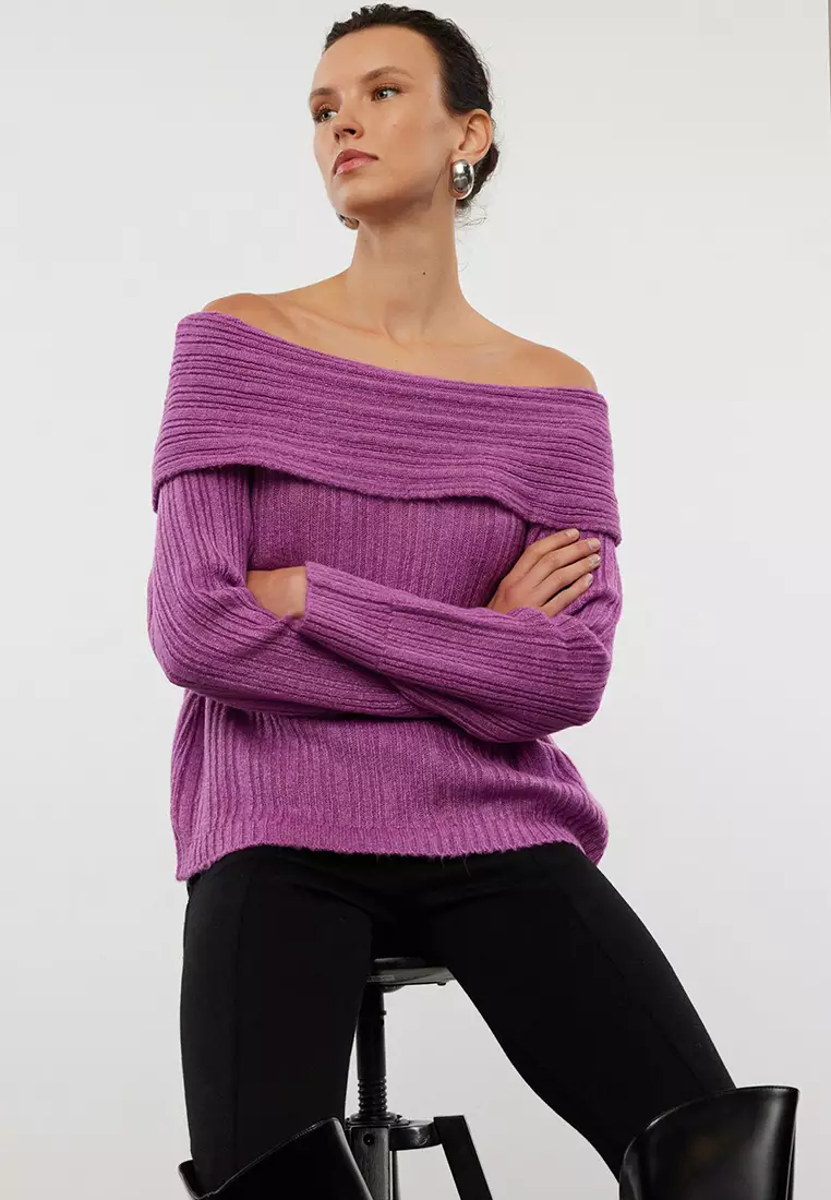 Plum Soft Textured Carmen Collar Knitwear Sweater TWOAW25KZ00076