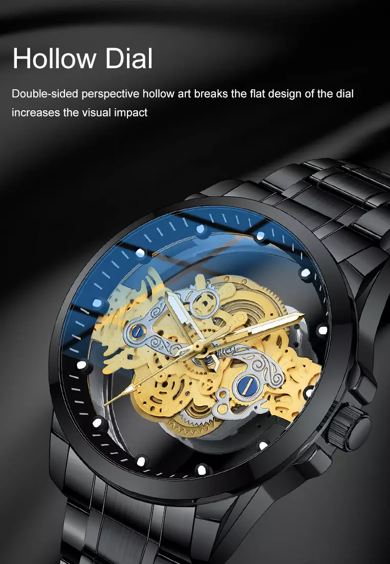 Jam Tangan Pria HD Luminous Function Hollow Dial Tali Stainless Steel Anti Air Jam Tangan Cowok black