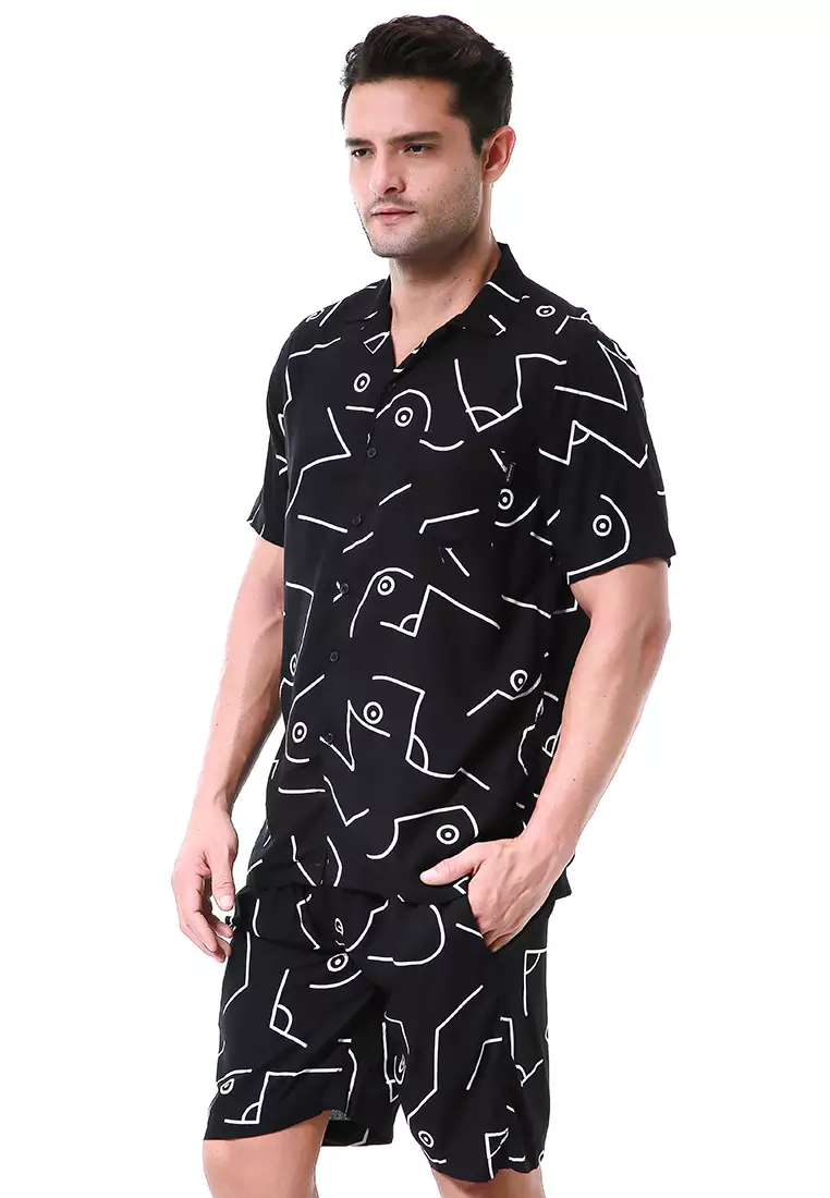 Deon Piyama Pria Kemeja One Set Lengan Pendek Morabita Motive Material Rayon ORIGINAL - Black