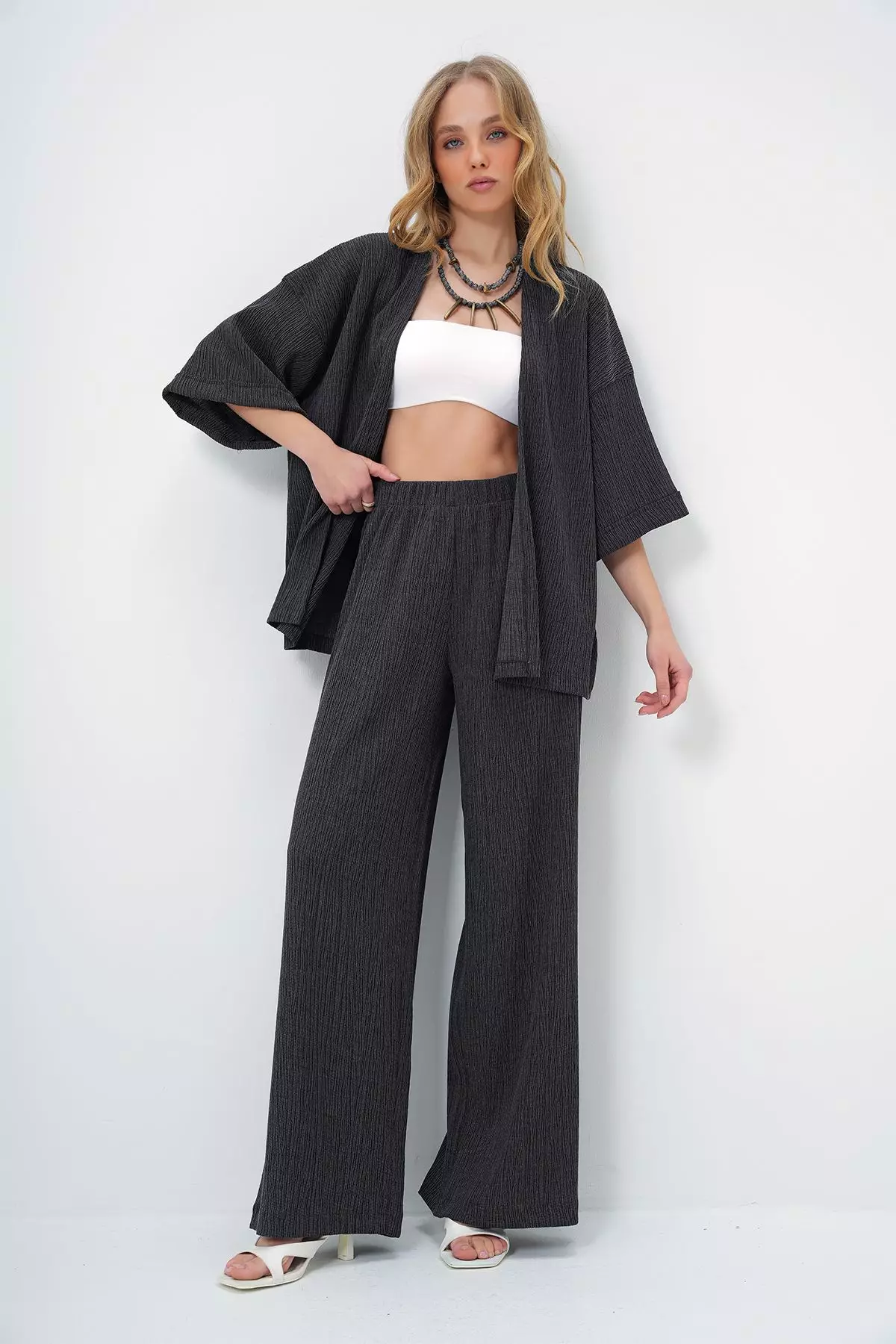 Women's Anthracite Double Sleeve Wrap Fabric Summer Kimono And Trouser Set