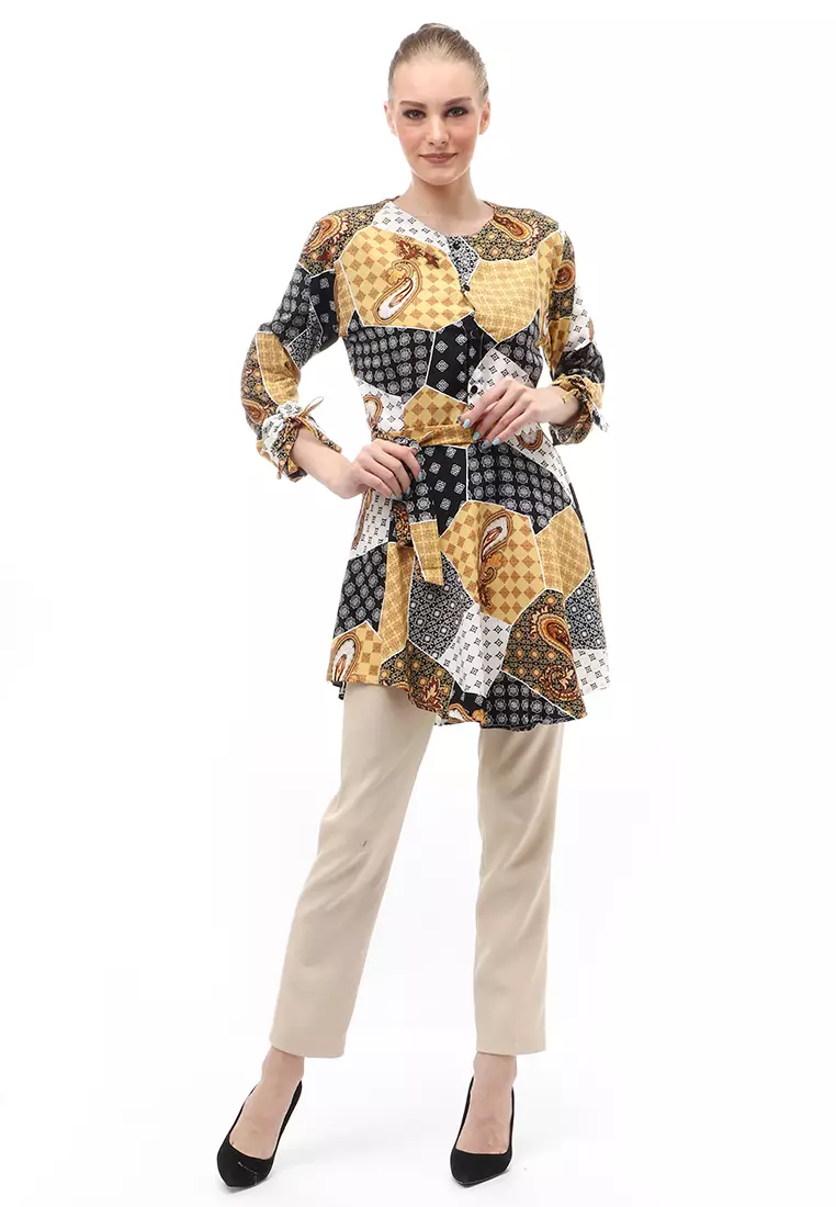 Tunik Lengan Serut Motif Batik Atasan Wanita Self Tie Belt Design Casual - Hitam