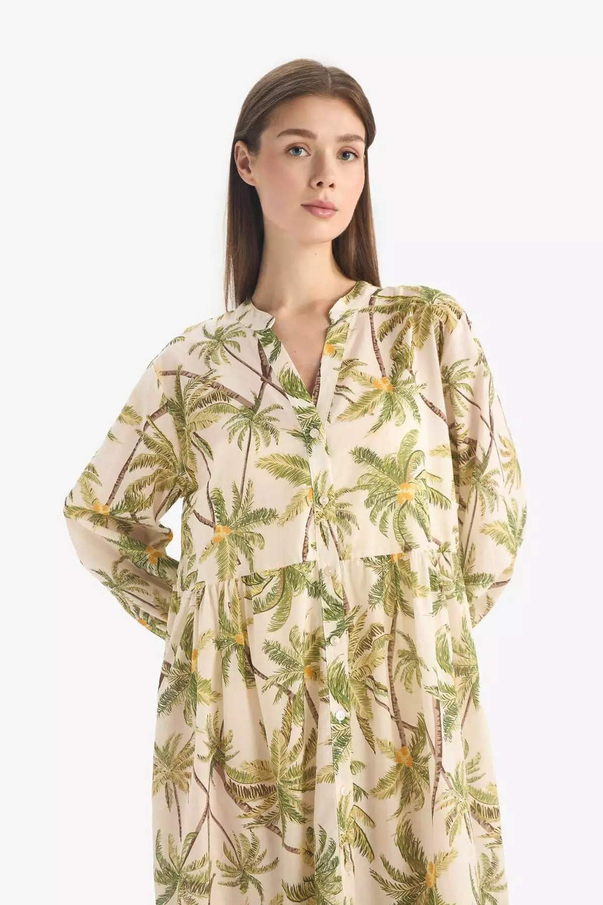 Tropical Print Long Sleeve Voile Beach Dress-Fall in Love E7745Ax25Sp