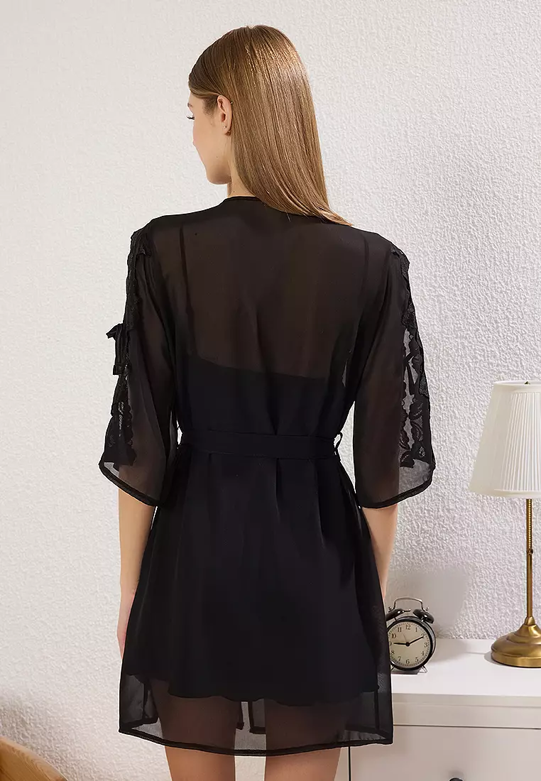 Black 2-Piece Lace And Ribbon/Bow Satin Belted Woven Dressing Gown + Nightgown Set