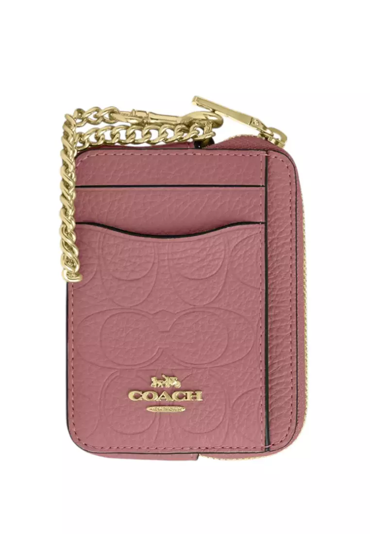 Zip Card Case In Signature Leather - Peony