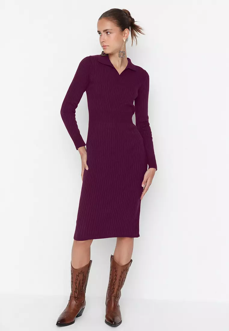 Plum Midi Knitwear Polo Collar Dress