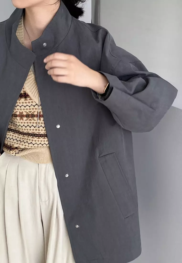 New silhouette mid-length workwear loose stand collar trench coat K091604GY