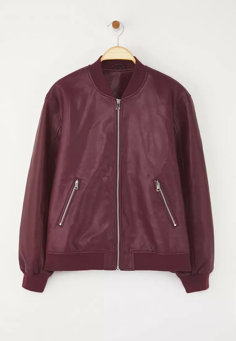 Claret Red Regular Fit Faux Leather Bomber Thin Plus Size Jacket Coat