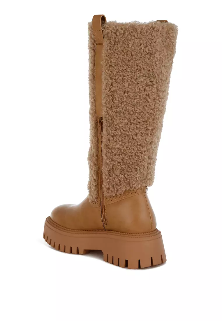Fur Detail Calf Length Boots in Beige