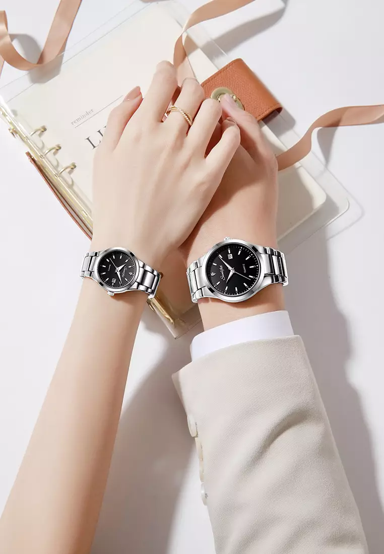 Jam Tangan Couple Original Tanggal Luminous Santai Tali Stainless Steel Jam Tangan Pria/Wanita 9108 silverblack