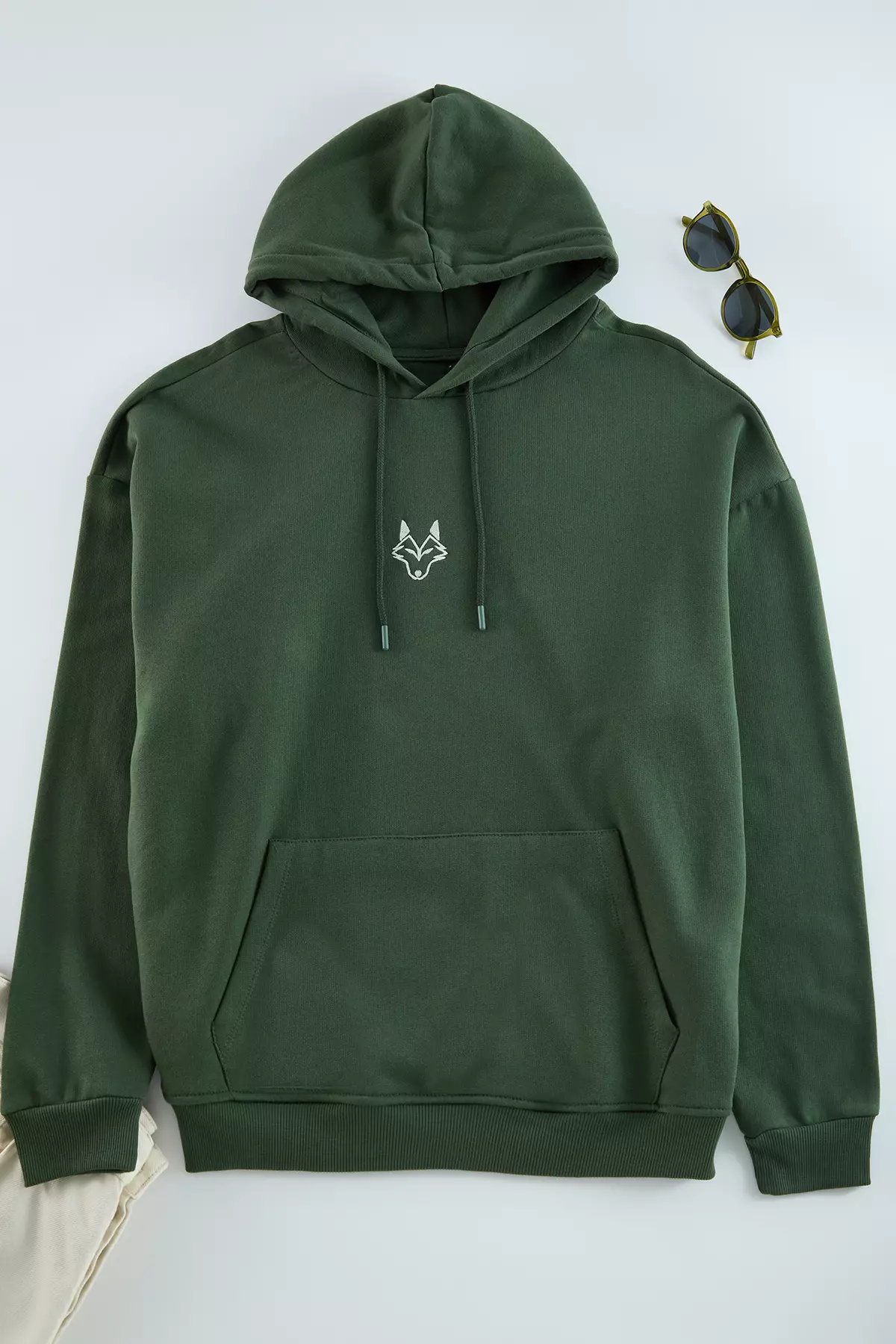 Khaki Regular/Normal Cut Hooded Polar Fleece Inside Wolf Embroidered Sweatshirt