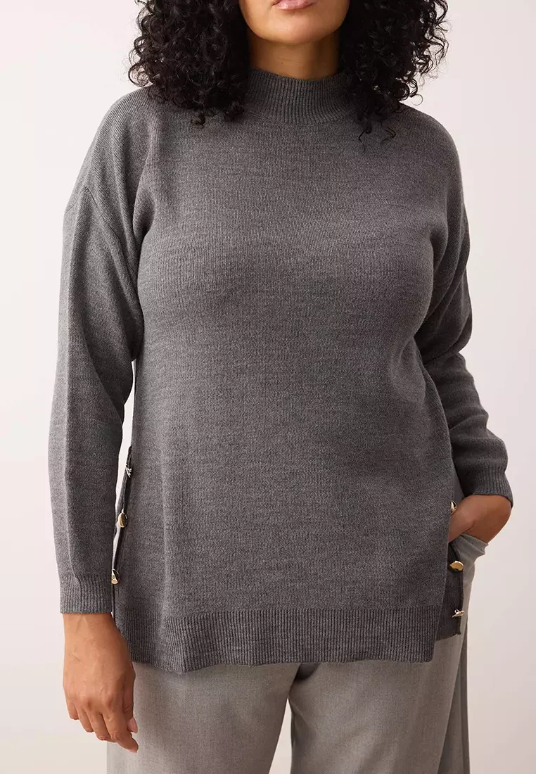 Anthracite Button Detailed Turtleneck Knitwear Sweater Tbbaw24An00076