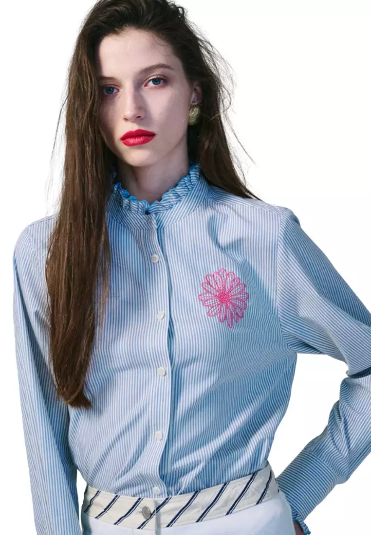 Shirt Frill Collar Stripe Sky Pink
