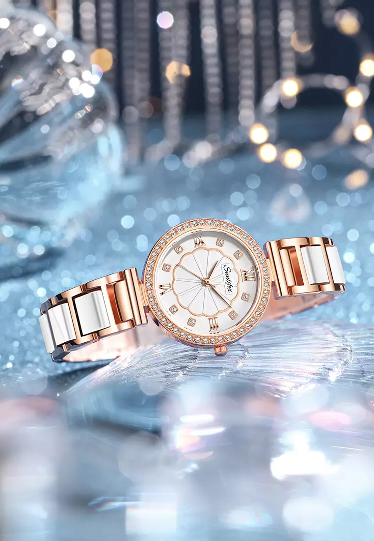 Jam Tangan Wanita 6032 Kuarsa Tali Stainless Steel Berlian Anggun Santai Jam Tangan Cewek white