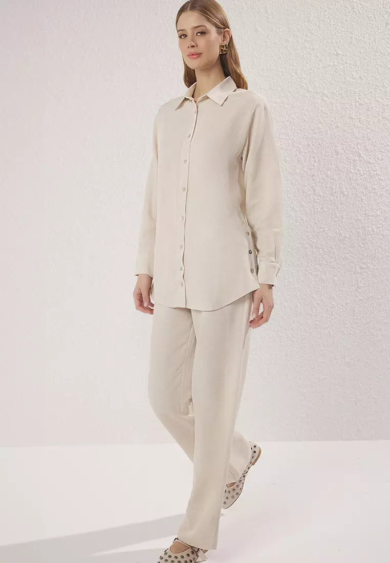 Beige Linen Look Mother-of-Pearl Buttoned Woven Bottom-Top Set TCTSS25US00029