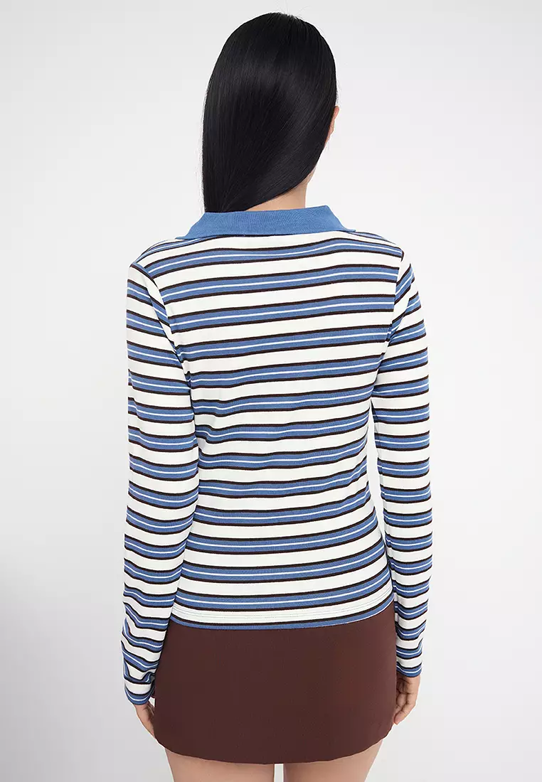 Teen Blue Striped Polo Neck Fitted/Body-Smoothing Knitted Blouse Twoaw26Bz00034