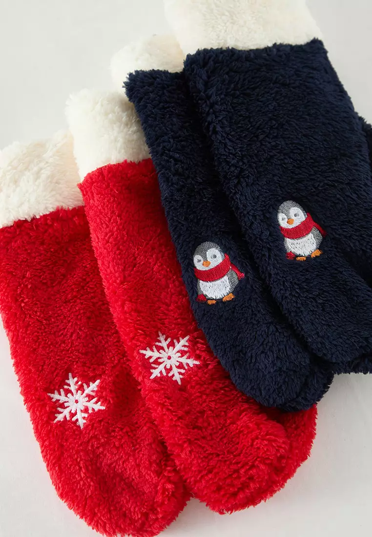Navy Blue-Multi Colorful 2 Pack Winter Themed Embroidered Terry Knitted Socks THMAW25CO00003