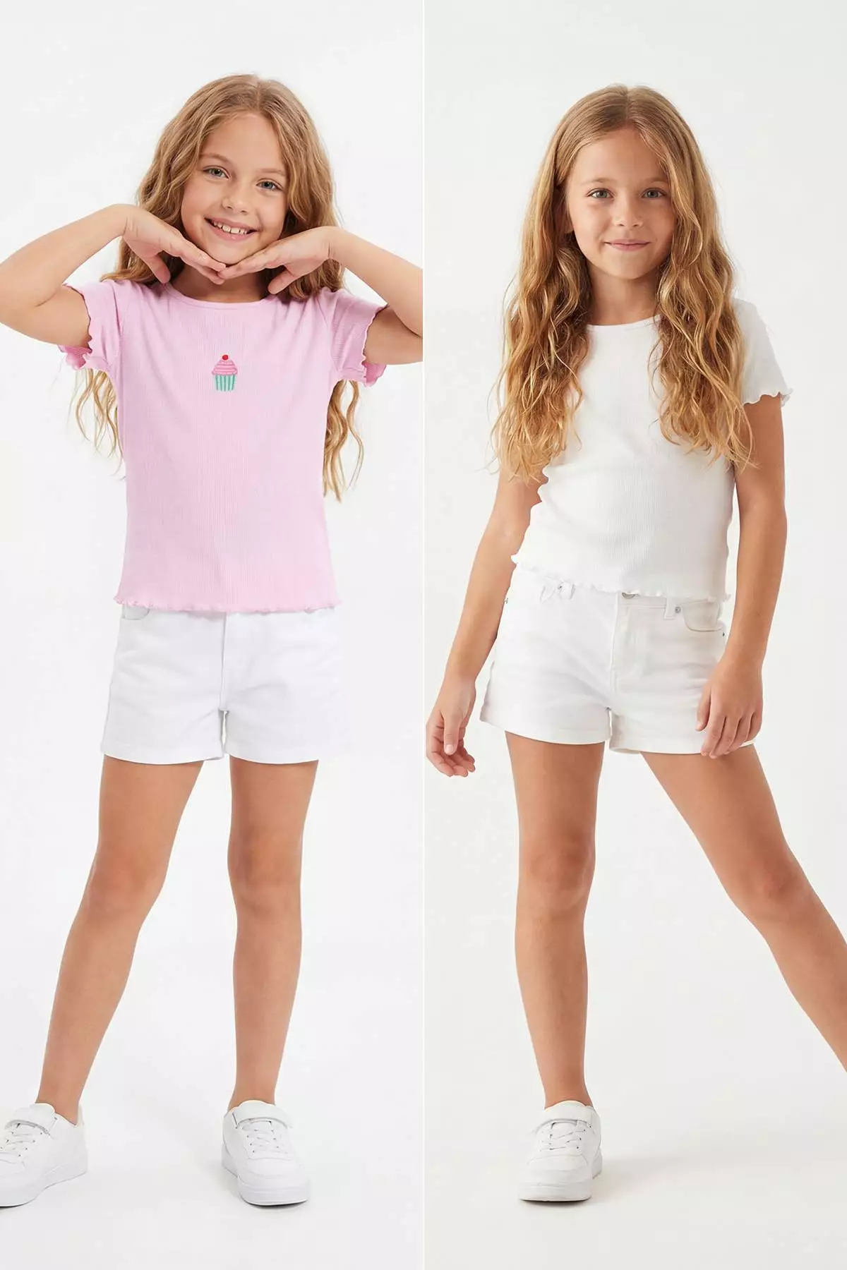 Ecru-Pink Girl'S Crop T-Shirt, Crop Short Sleeve, 2-Pack Cotton Knitted Tkdss25Ts00027